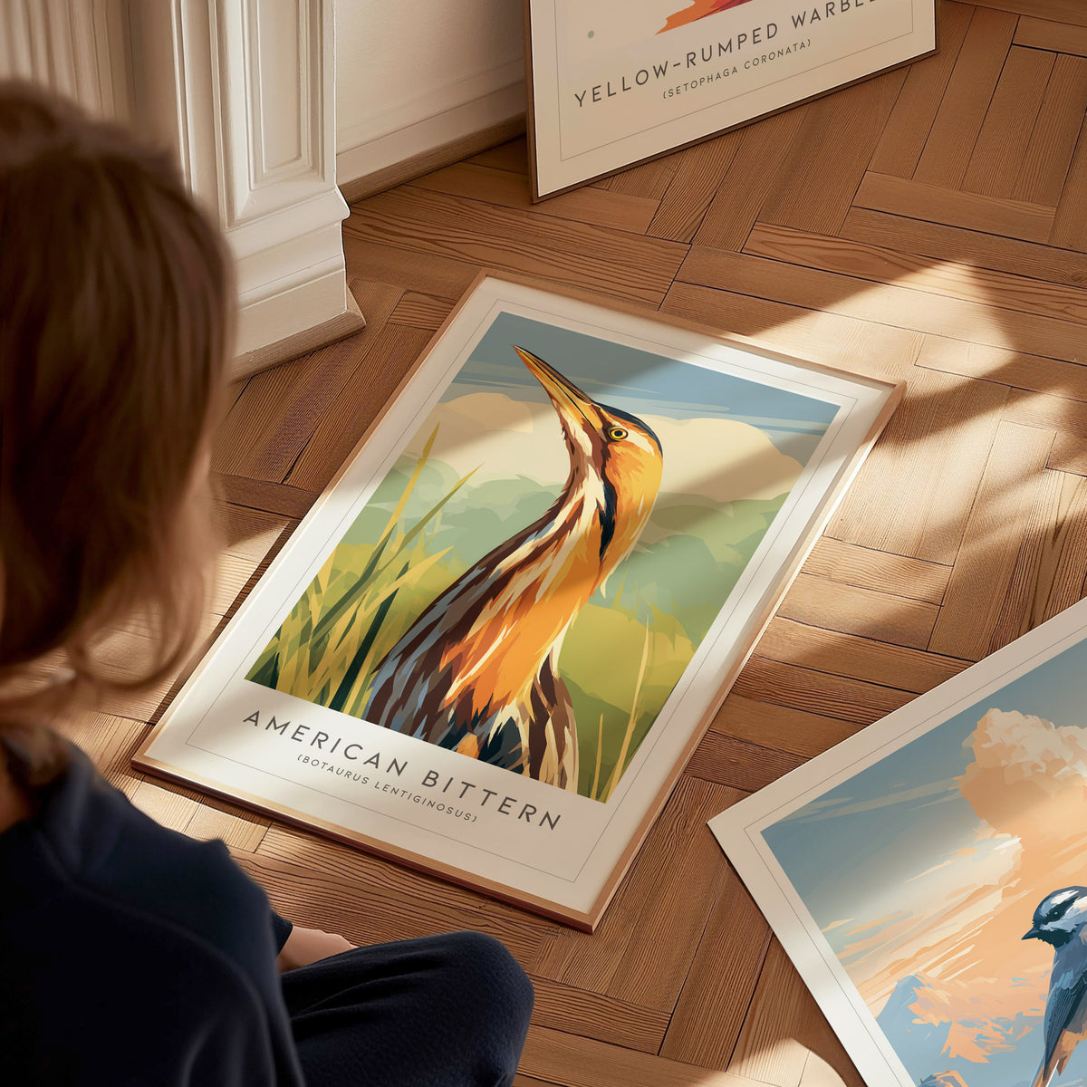 American Bittern Poster | Marshland Heron Wildlife Wall Art — styled in a modern interior