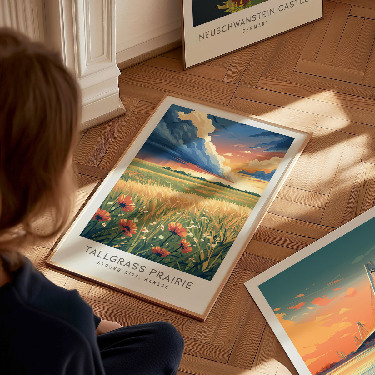 Tallgrass Prairie Matte Border Poster | Strong City, Kansas Destination Print — styled in a modern interior