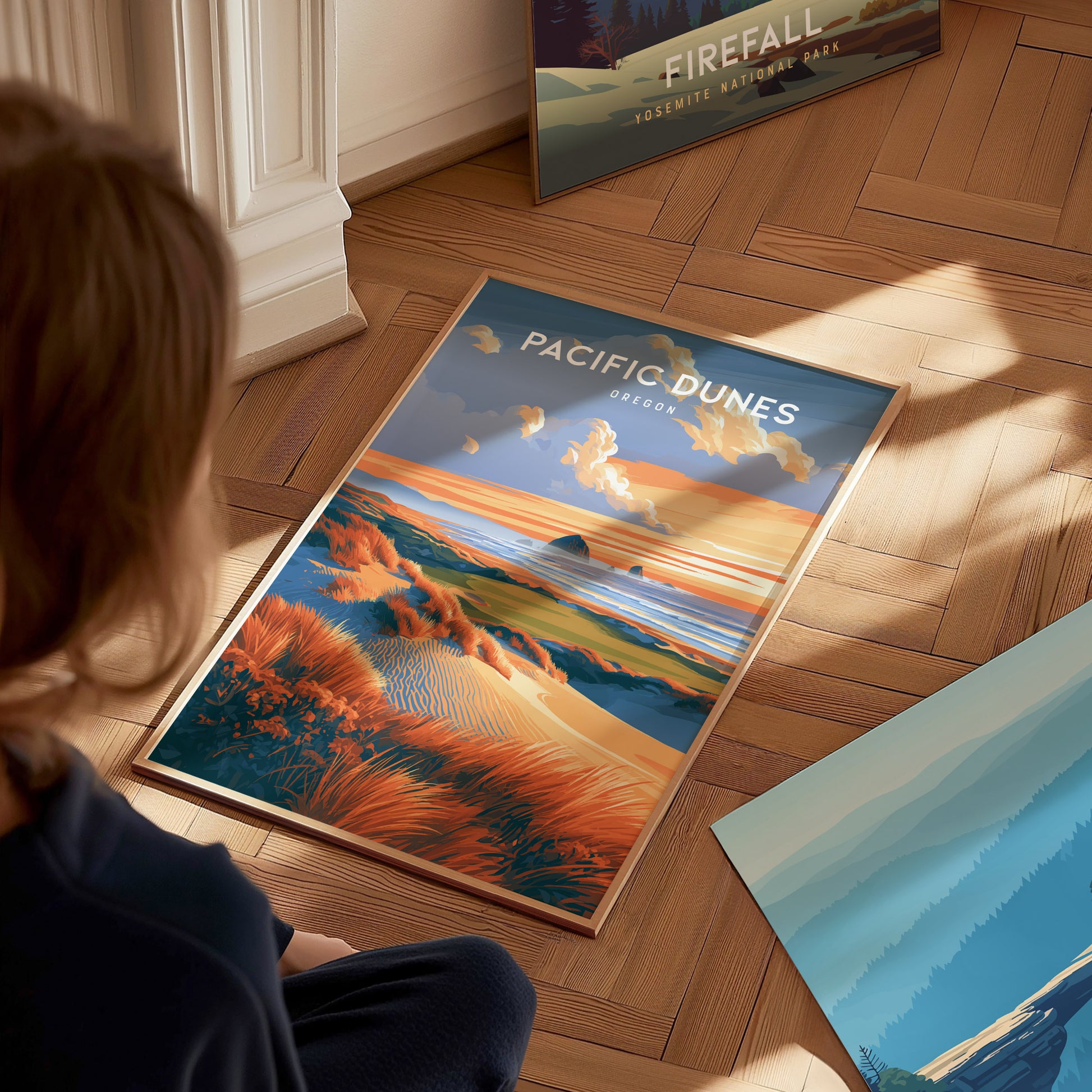 Pacific Dunes, Oregon Poster | Windswept Coast Destination Print Wall Art — styled in a modern interior