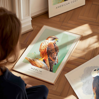 Merlin Bird Poster | Compact Falcon in Flight Wall Art — styled in a modern interior