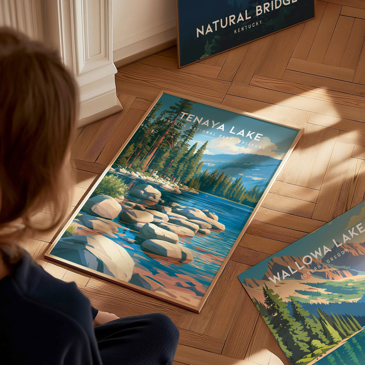 Tenaya Lake, Yosemite National Park, California Poster | Mountain Lake Vacation Wall Art — styled in a modern interior