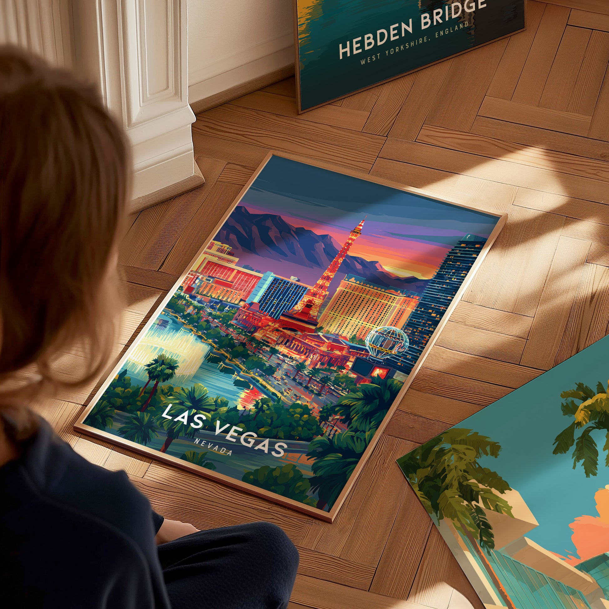 Las Vegas, Nevada Poster | Neon Lights & Desert Skyline Wall Art — styled in a modern interior