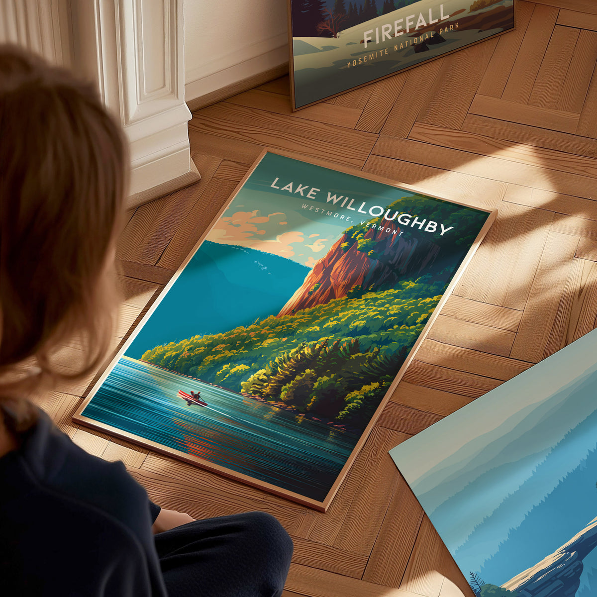 Lake Willoughby, Westmore, Vermont Poster | Scenic Mountain Lake Travel Wall Art — styled in a modern interior