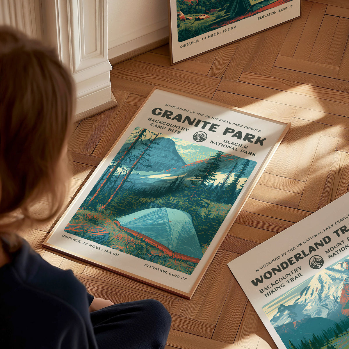 Granite Park, Glacier National Park Poster | Hiker Gift | Backcountry Trail Wall Art — styled in a modern interior