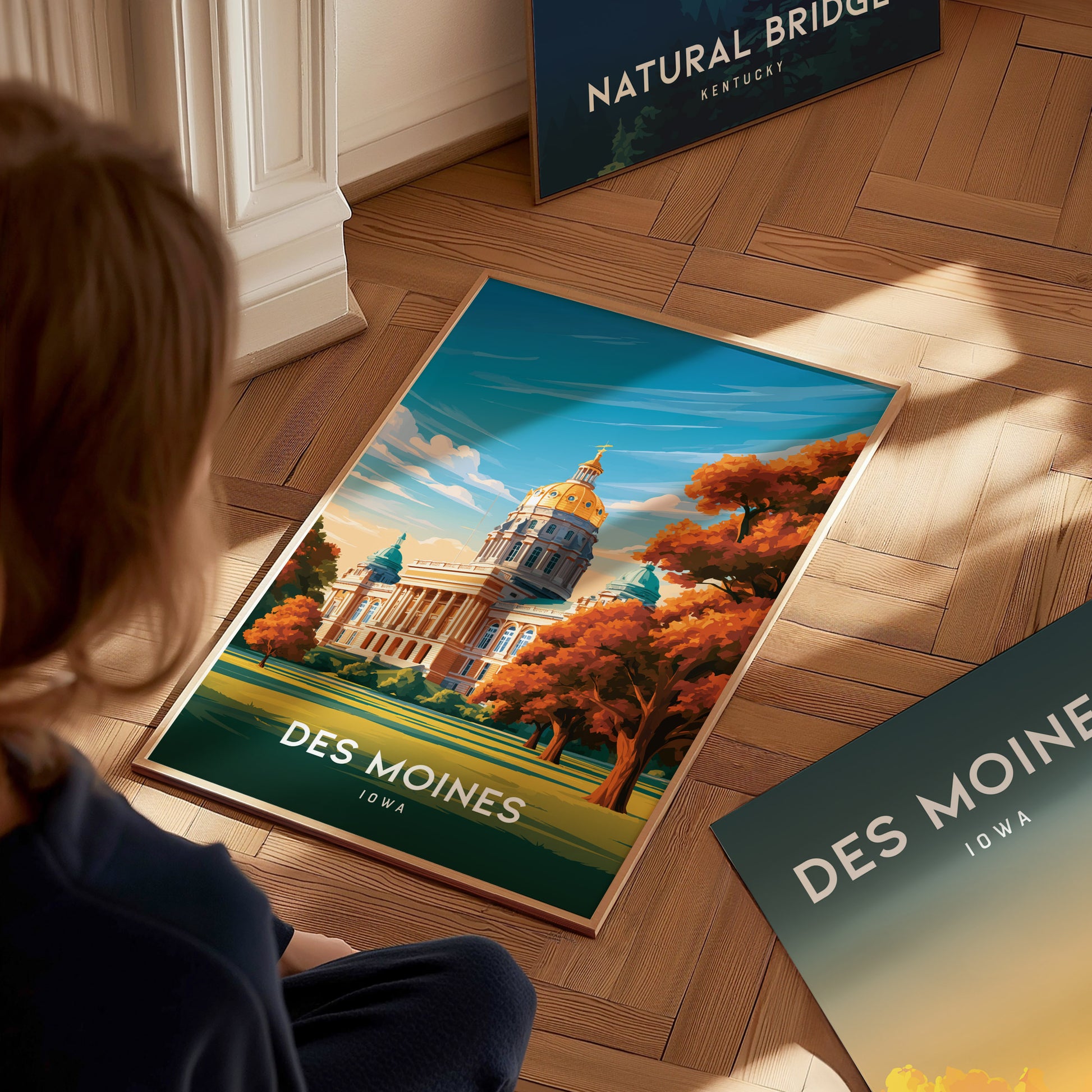Des Moines, Iowa Poster | Golden Dome & Skyline Destination Print Wall Art — styled in a modern interior