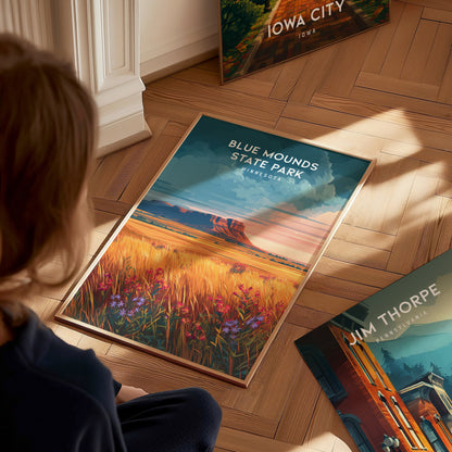 Blue Mounds State Park, Minnesota Poster | Prairie Bluffs & Bison Travel Wall Art — styled in a modern interior