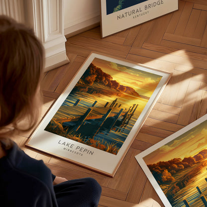 Lake Pepin Matte Border Poster | Minnesota Destination Print Framed or Unframed — styled in a modern interior