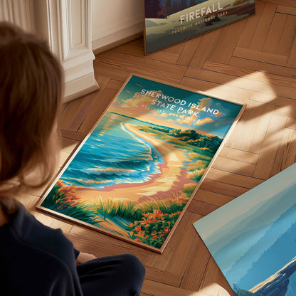 Sherwood Island State Park, Westport, Connecticut Poster | Seaside Travel Gift Wall Art — styled in a modern interior