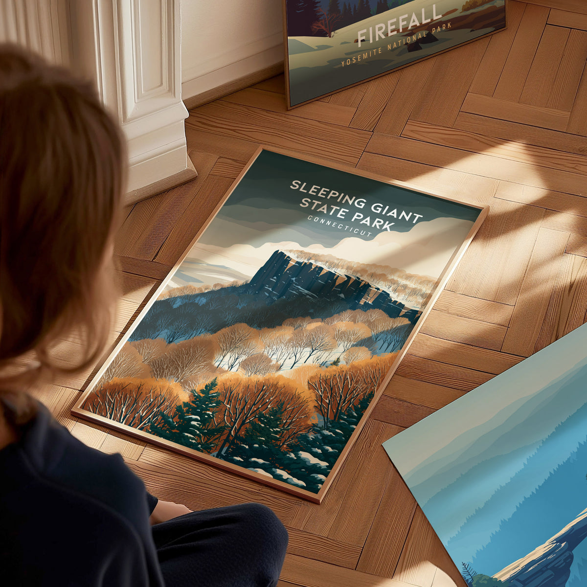 Sleeping Giant State Park, Connecticut Poster | Traprock Ridge Trail Destination Print Wall Art — styled in a modern interior