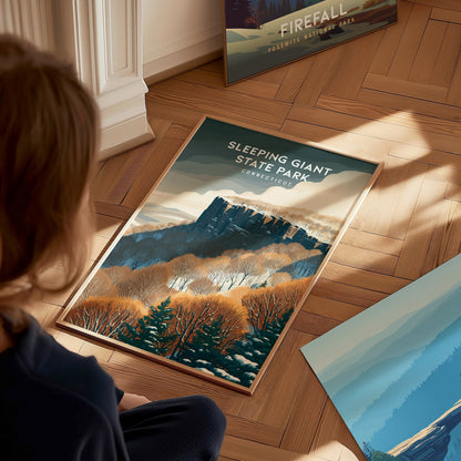 Sleeping Giant State Park, Connecticut Poster | Traprock Ridge Trail Destination Print Wall Art — styled in a modern interior