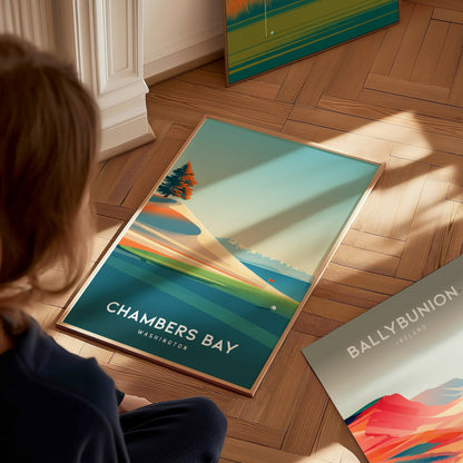 Chambers Bay, Washington Poster | Links Poster & Golfer Gift Wall Art — styled in a modern interior