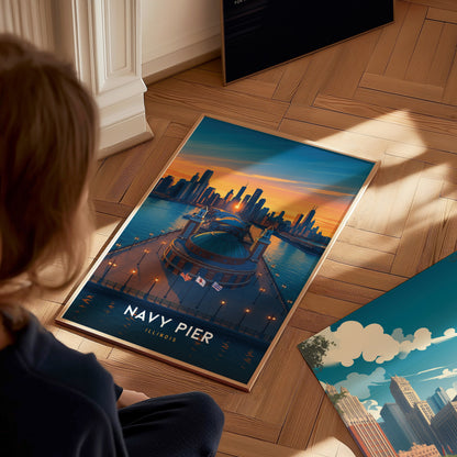 Navy Pier Chicago Poster | Skyline Sunset Wall Art Print