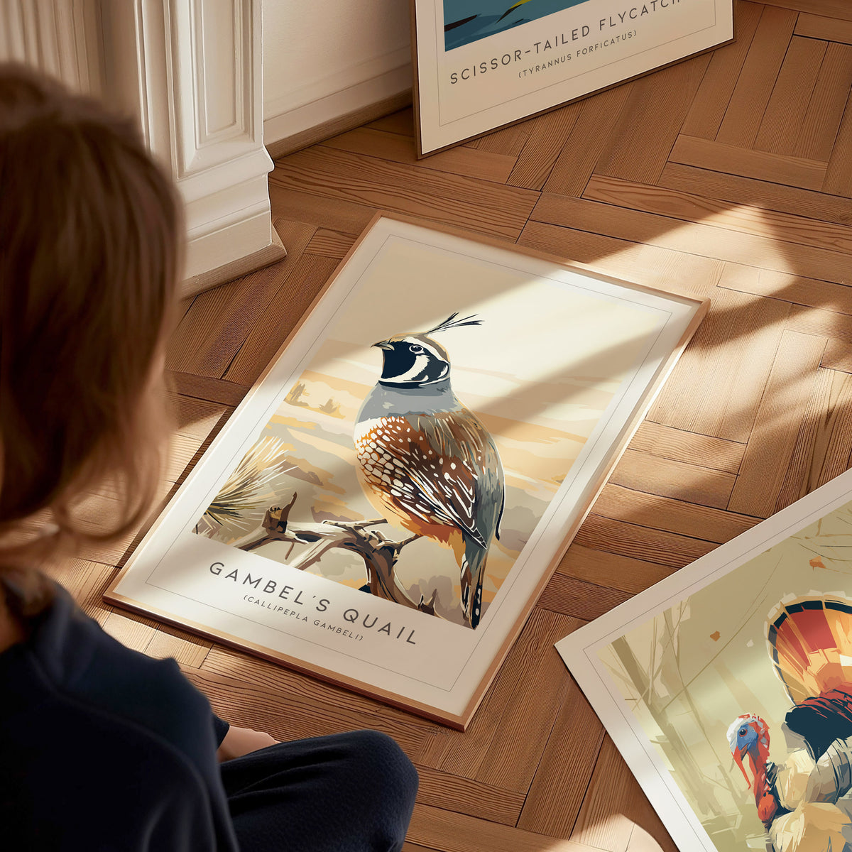 Gambel's Quail, Callipepla gambeli Poster | Desert Bird Wall Art Wildlife Print — styled in a modern interior