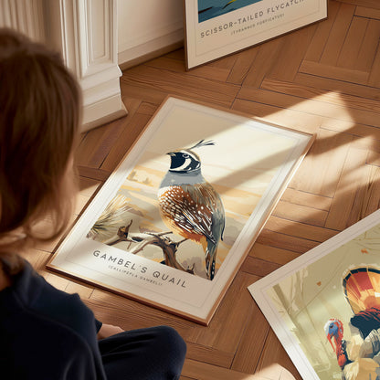 Gambel's Quail, Callipepla gambeli Poster | Desert Bird Wall Art Wildlife Print — styled in a modern interior