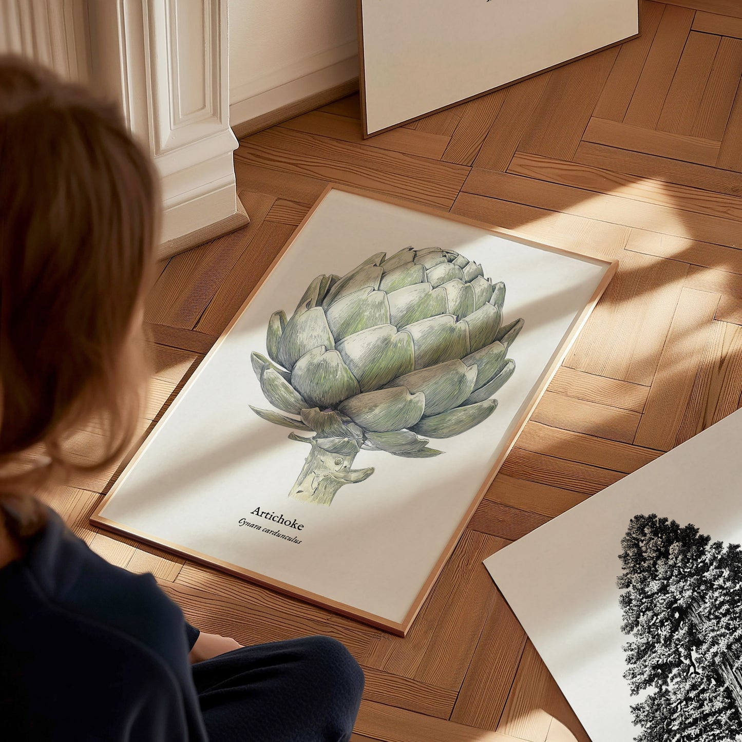 Artichoke Poster | Vintage Cynara Cardunculus Botanical Illustration Wall Art — styled in a modern interior