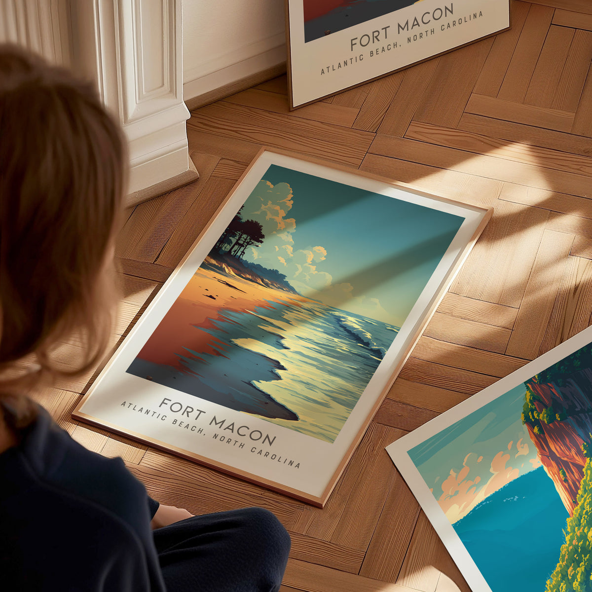 Fort Macon Matte Border Poster | Atlantic Beach, North Carolina Travel Wall Art — styled in a modern interior