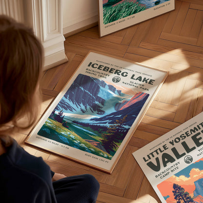 Iceberg Lake, Glacier National Park Poster | Hiker Gift | Backcountry Trail Wall Art — styled in a modern interior