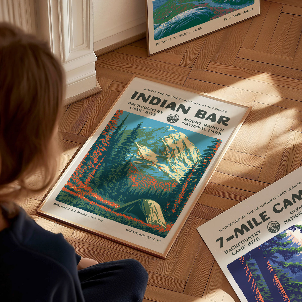 Indian Bar, Mount Rainier National Park Poster | Hiker Gift | Backcountry Trail Wall Art — styled in a modern interior