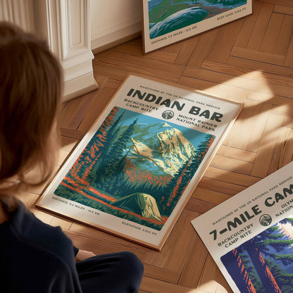 Indian Bar, Mount Rainier National Park Poster | Hiker Gift | Backcountry Trail Wall Art — styled in a modern interior