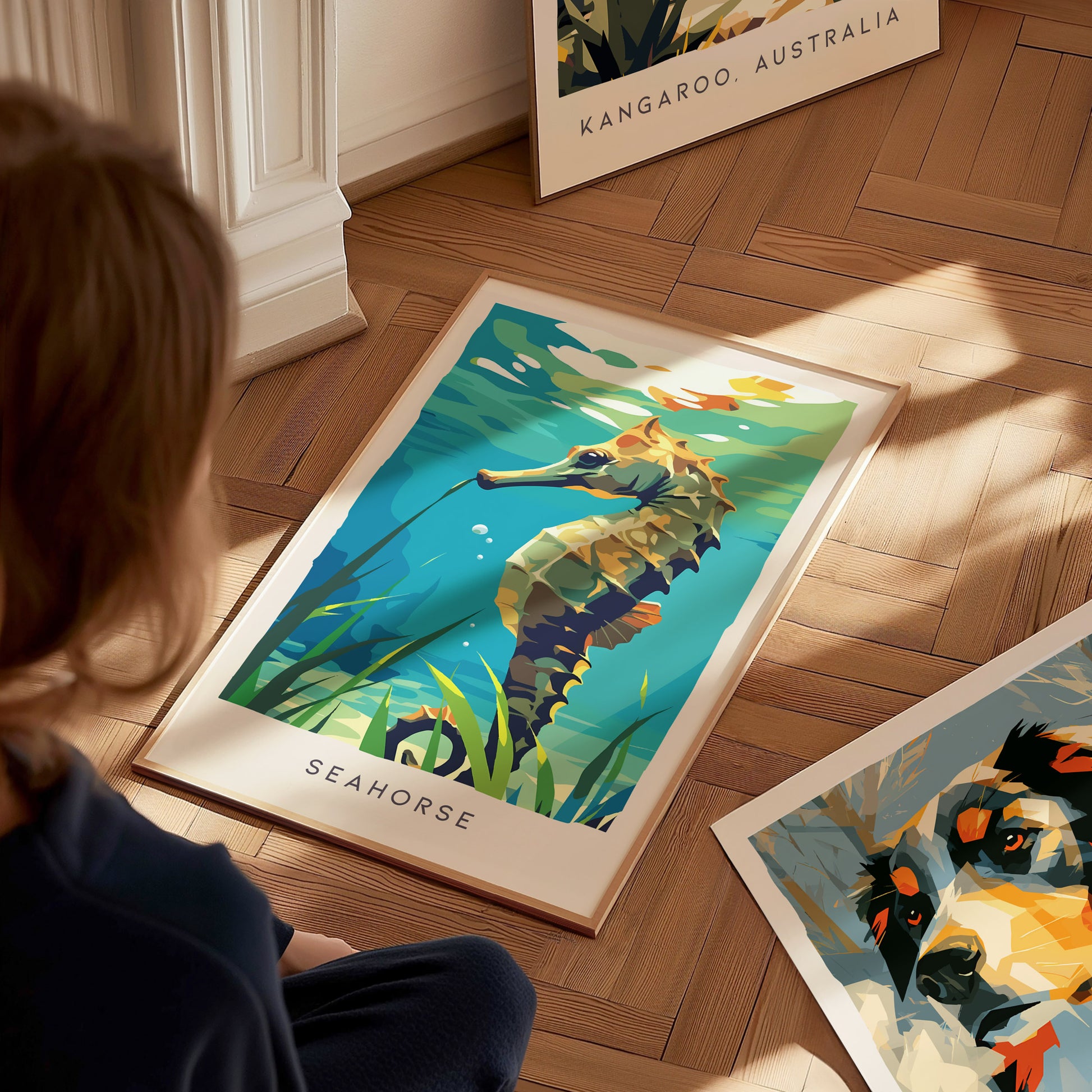 Seahorse Wildlife Poster | Graceful Ocean Creature Fine Wall Art — styled in a modern interior