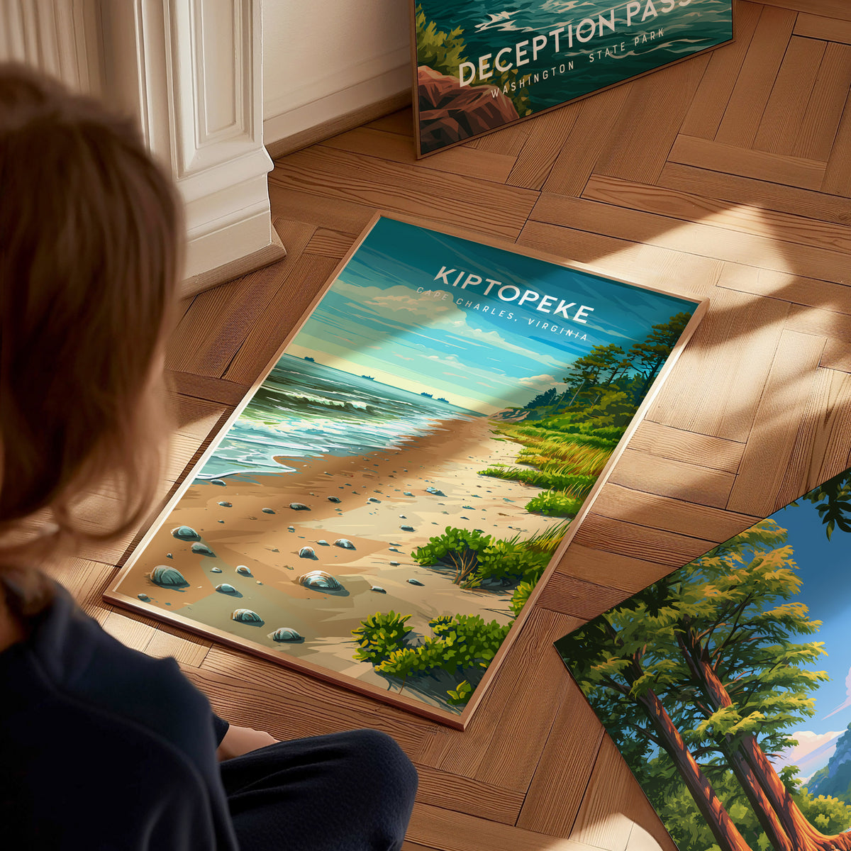 Kiptopeke, Cape Charles, Virginia Poster | Travel Wall Art Destination Print — styled in a modern interior