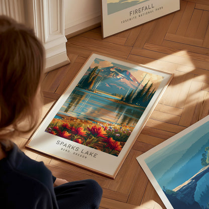 Sparks Lake Matte Border Poster | Bend, Oregon Destination Print Travel Wall Art — styled in a modern interior