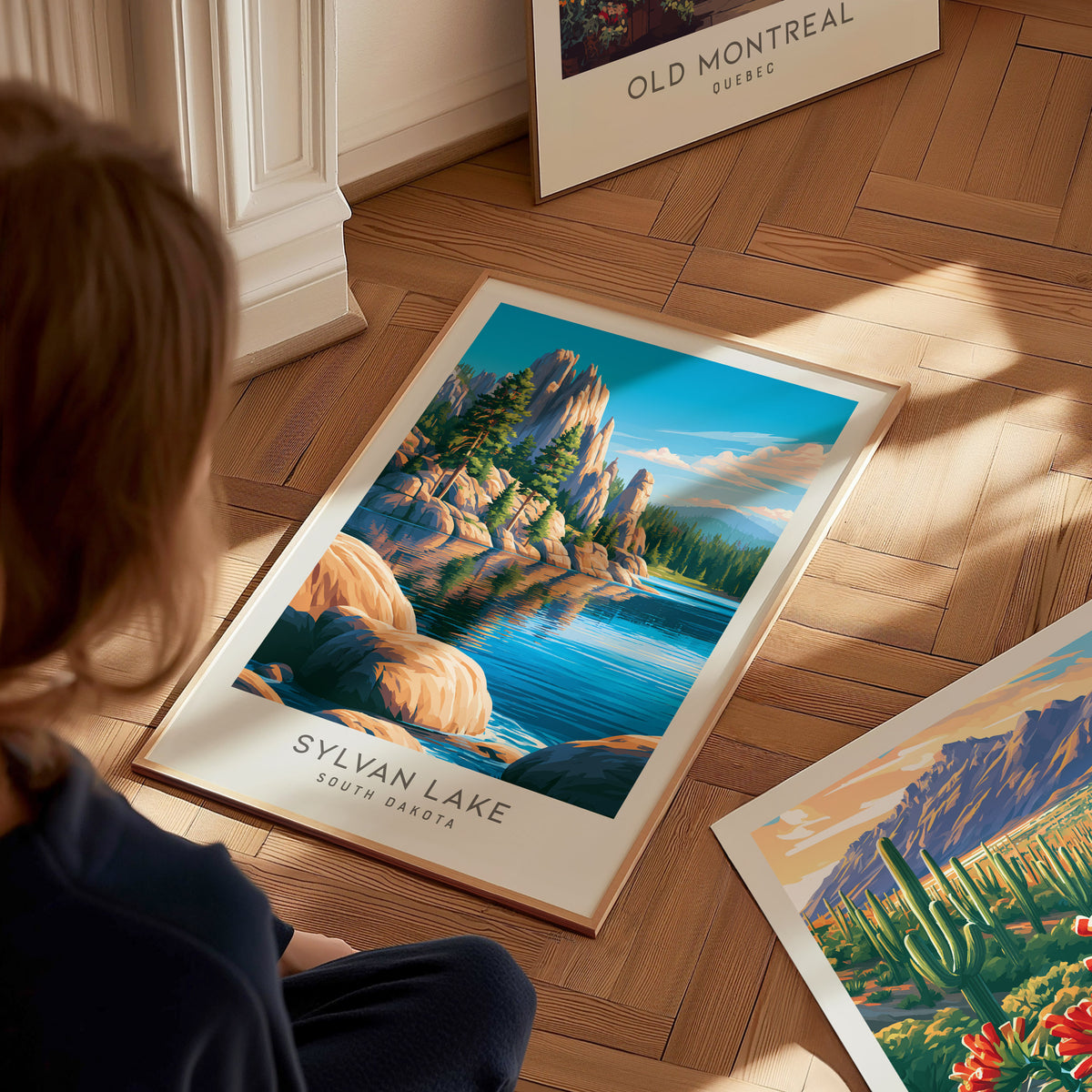 Sylvan Lake Matte Border Poster | South Dakota Destination Print Travel Wall Art — styled in a modern interior
