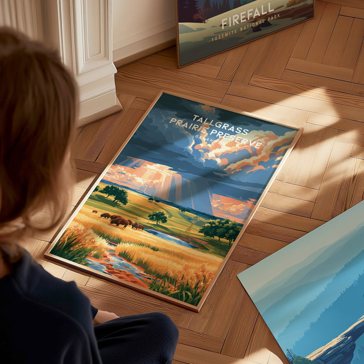 Tallgrass Prairie Preserve, Oklahoma Poster | Golden Plains & Bison Framed or Unframed Wall Art — styled in a modern interior