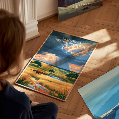 Tallgrass Prairie Preserve, Oklahoma Poster | Golden Plains & Bison Framed or Unframed Wall Art — styled in a modern interior