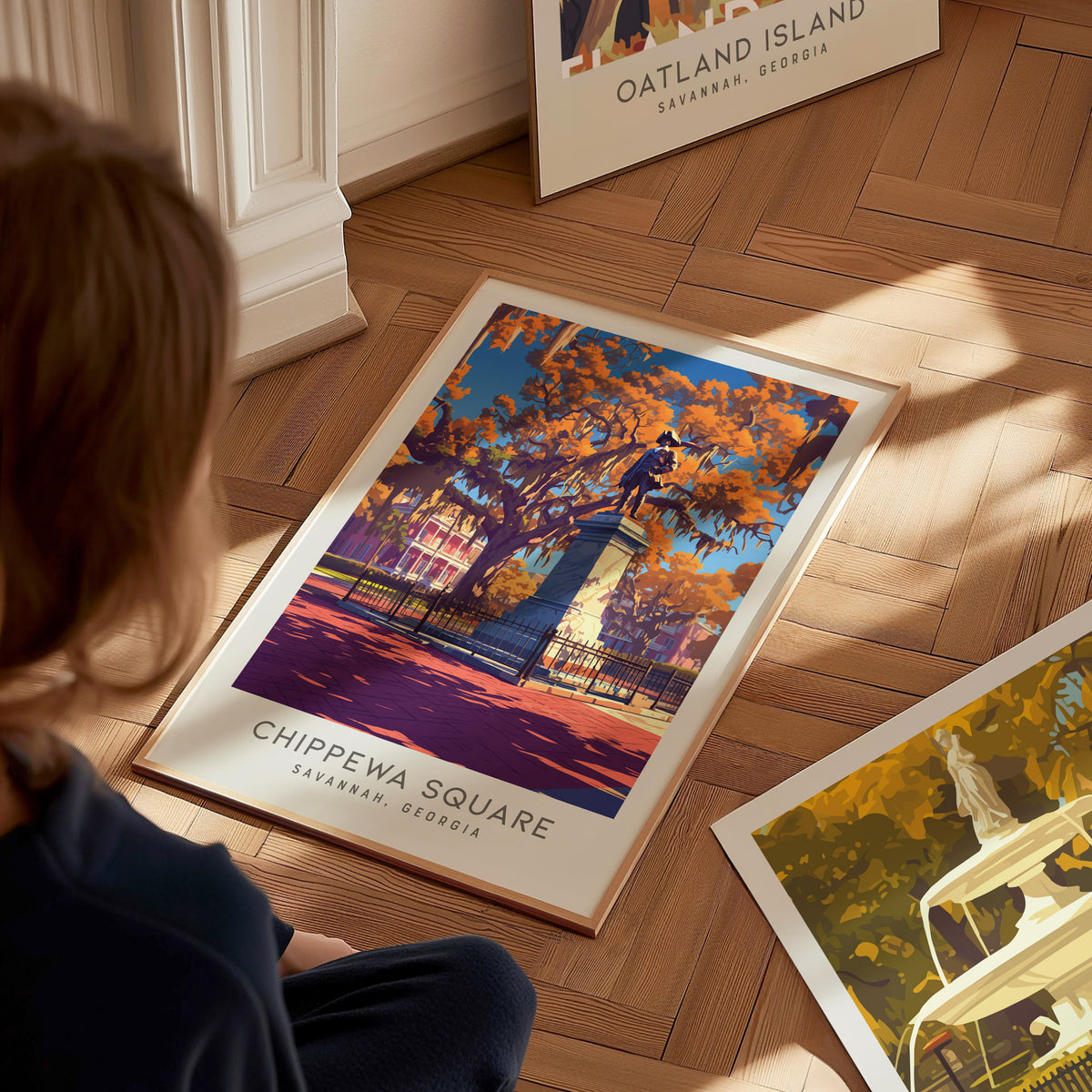 Chippewa Square Matte Border Poster | Savannah, Georgia Travel Wall Art — styled in a modern interior