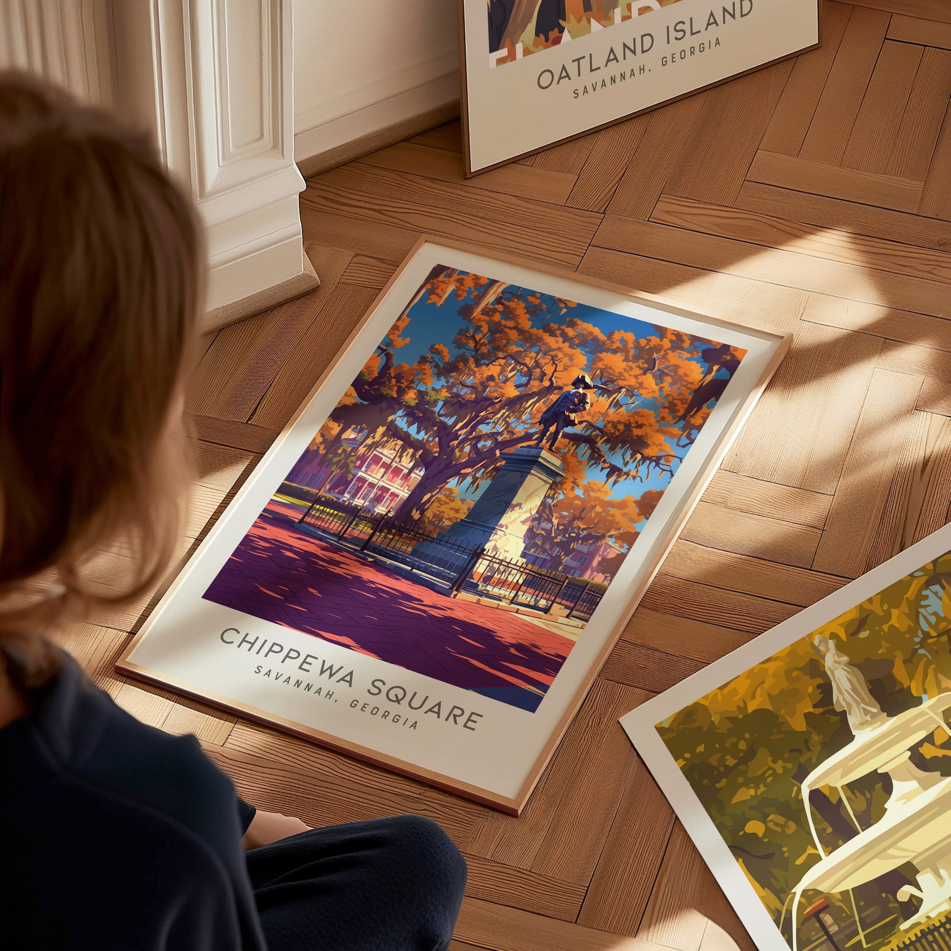 Chippewa Square Matte Border Poster | Savannah, Georgia Travel Wall Art — styled in a modern interior