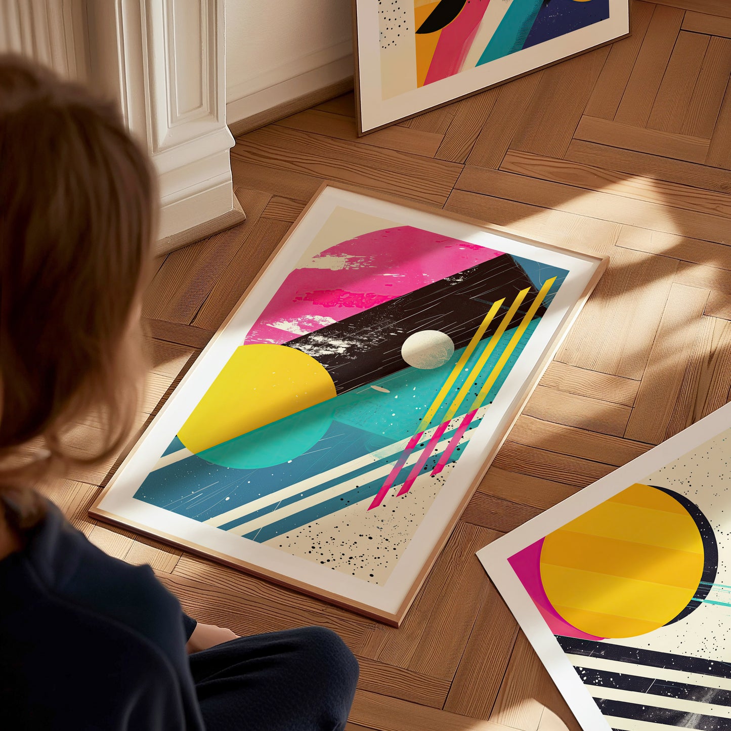 A person sits on a wooden floor, viewing a vibrant 80s-style abstract poster featuring bold geometric shapes and vivid colors, with another similar artwork partially visible nearby.