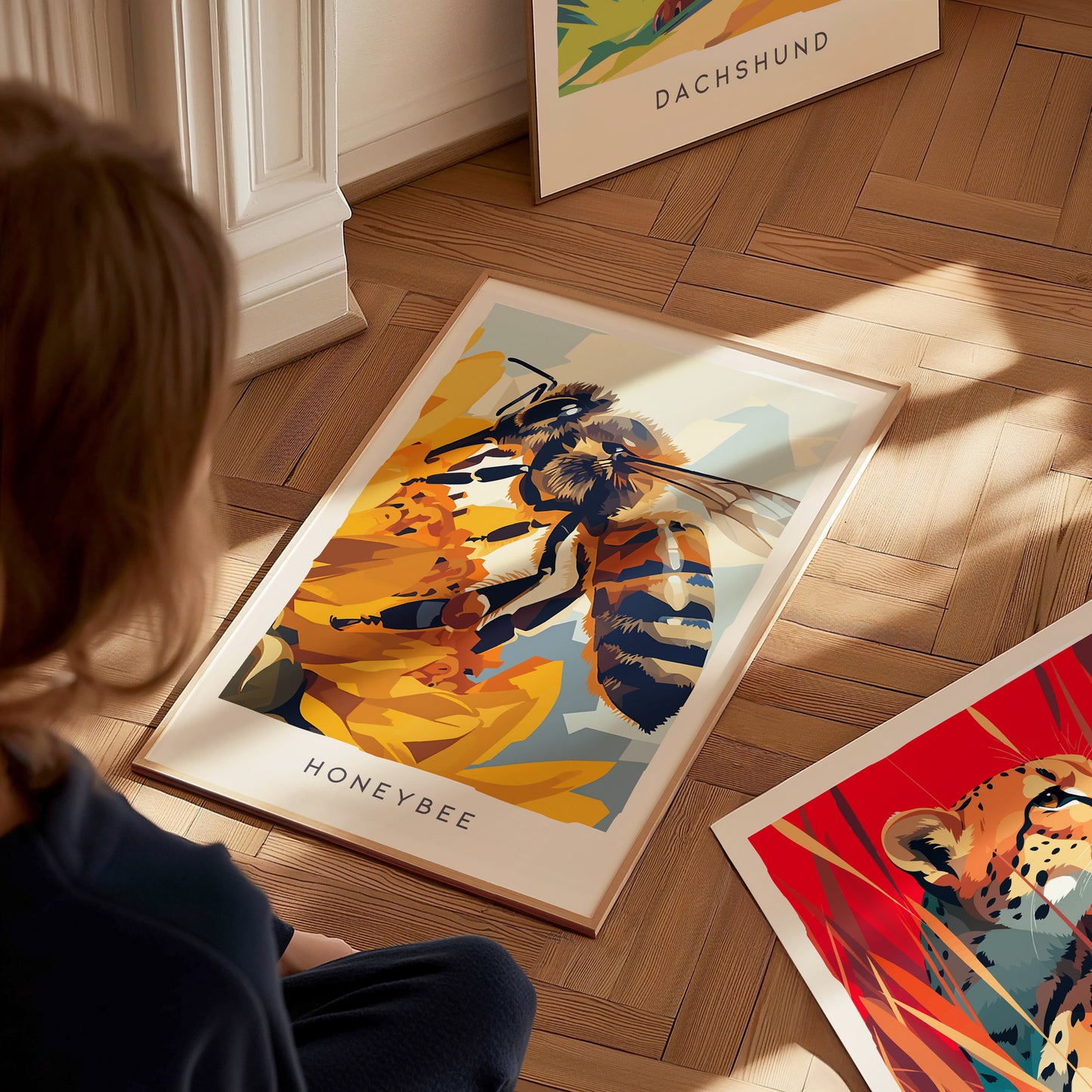 Honeybee, Wildlife Poster | Golden Pollinator Botanical Garden Wall Art — styled in a modern interior