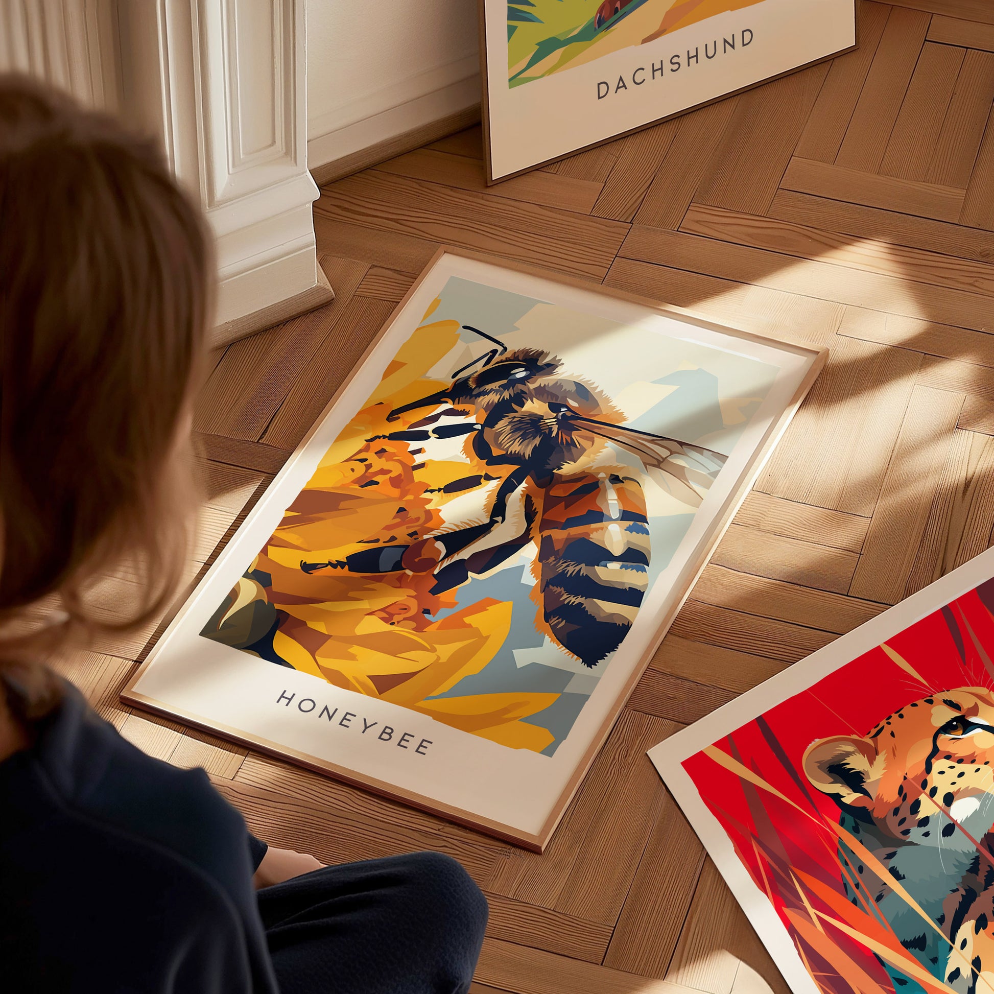 Honeybee, Wildlife Poster | Golden Pollinator Botanical Garden Wall Art — styled in a modern interior