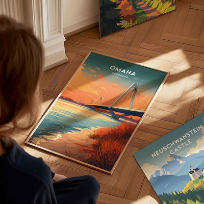 Omaha, Nebraska Poster | Heartland Skyline Destination Print Wall Art — styled in a modern interior