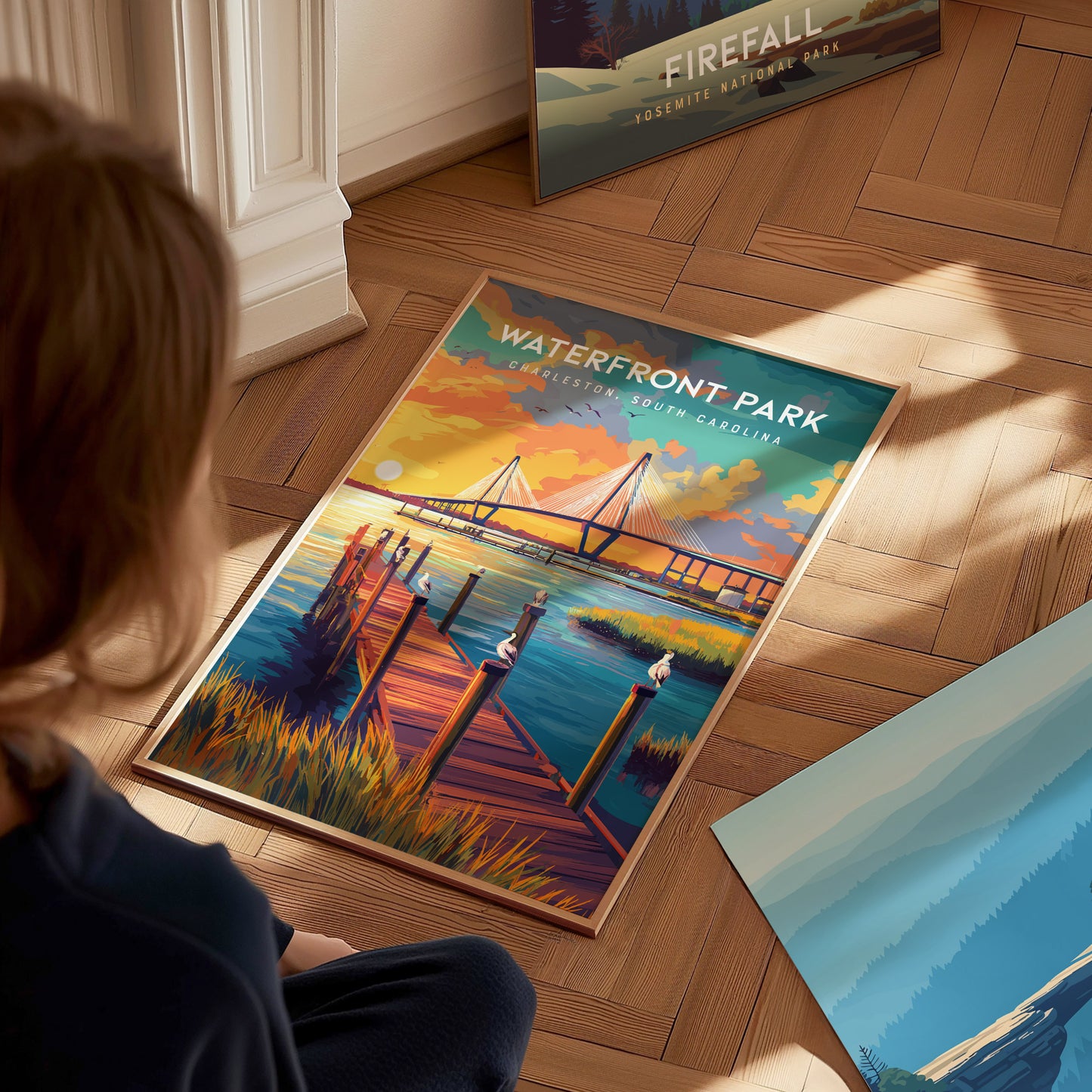 Waterfront Park, Charleston Poster | Southern Harbor Palmetto Charm Wall Art — styled in a modern interior
