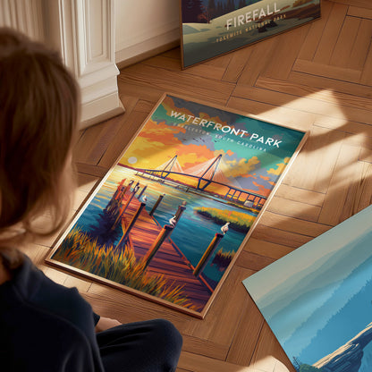 Waterfront Park, Charleston Poster | Southern Harbor Palmetto Charm Wall Art — styled in a modern interior