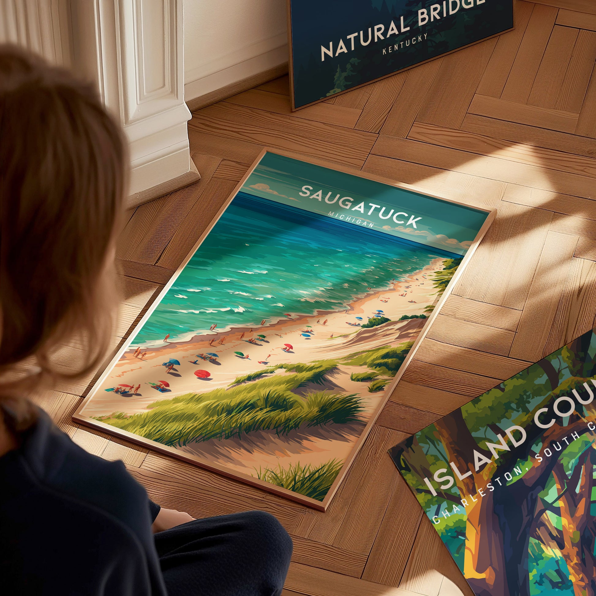 Saugatuck, Michigan Poster | Lakeside Dunes & Harbor Village Wall Art — styled in a modern interior