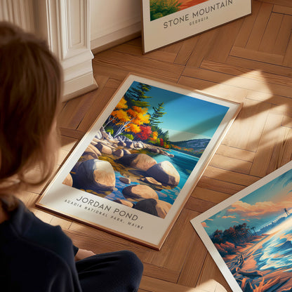 Jordan Pond Matte Border Poster | Acadia National Park, Maine Destination Print — styled in a modern interior