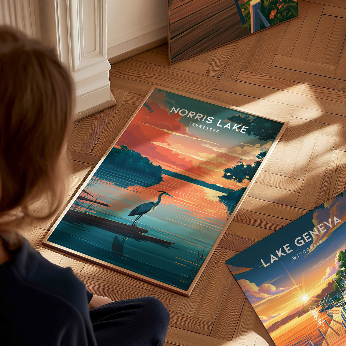 Norris Lake, Tennessee Poster | Lakeside Mountain Retreat Destination Print Wall Art — styled in a modern interior