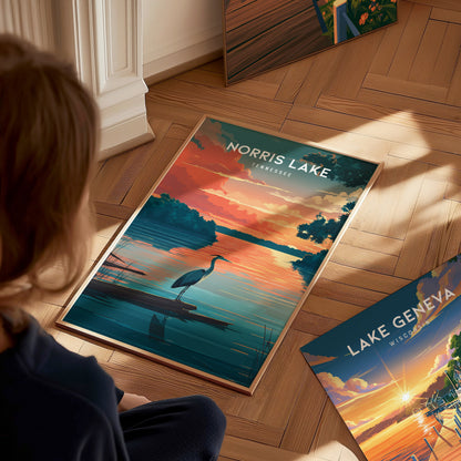 Norris Lake, Tennessee Poster | Lakeside Mountain Retreat Destination Print Wall Art — styled in a modern interior