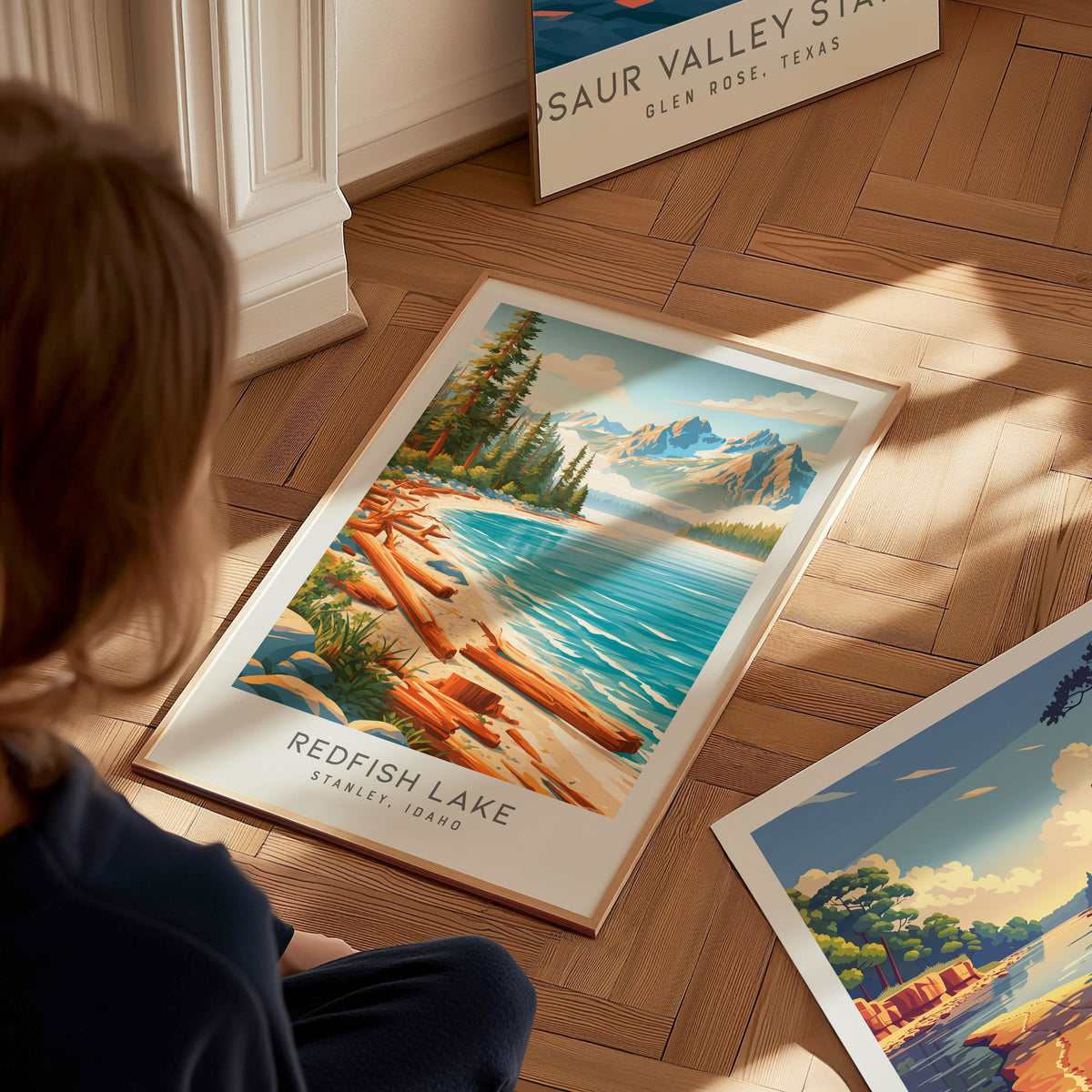 Redfish Lake Matte Border Poster | Stanley, Idaho Travel Wall Art — styled in a modern interior