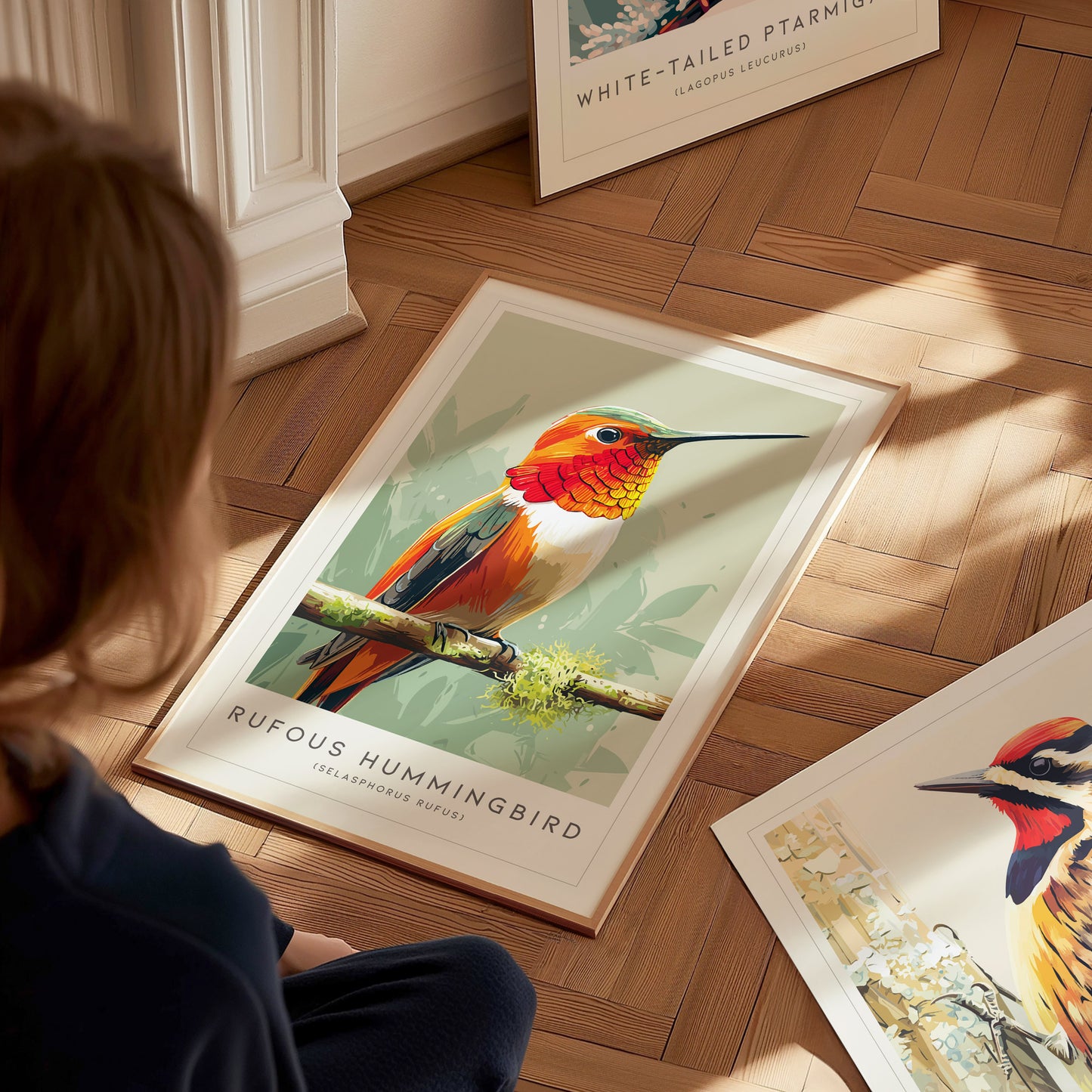Rufous Hummingbird, Selasphorus rufus Poster | Vibrant Bird Wall Art — styled in a modern interior