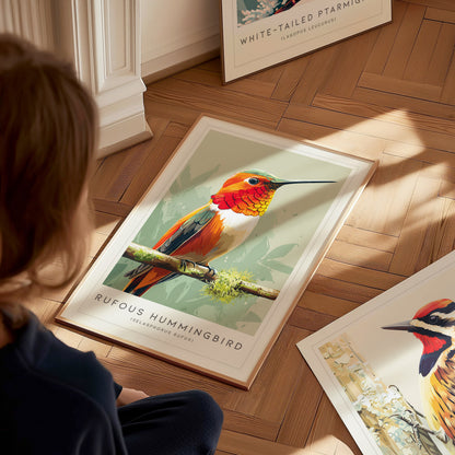 Rufous Hummingbird, Selasphorus rufus Poster | Vibrant Bird Wall Art — styled in a modern interior