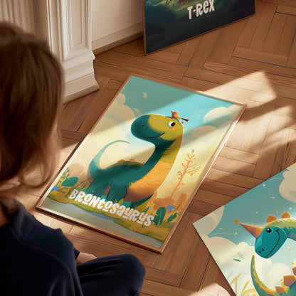Brontosaurus Cute Dinosaur Poster | Kids Room Nursery Wall Art | Framed or Unframed