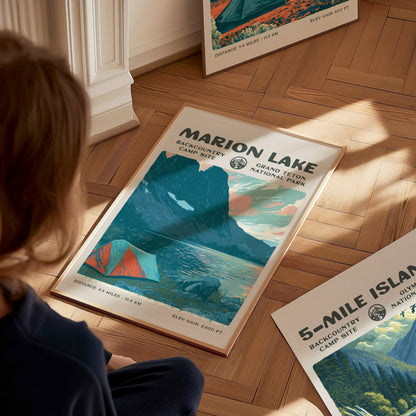 Marion Lake, Grand Teton Poster | Hiker Gift | Alpine Wilderness Backcountry Wall Art — styled in a modern interior