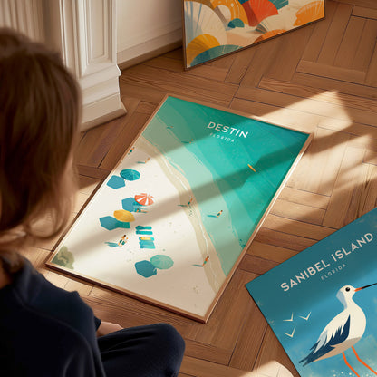 A person looks at a Destin, Florida poster featuring a beach scene with umbrellas and turquoise waters. Nearby, a Sanibel Island poster with a bird design rests on the wooden.