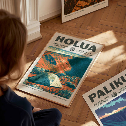 Holua, Haleakala National Park Poster | Hiker Gift | Volcanic Backcountry Trail Wall Art — styled in a modern interior