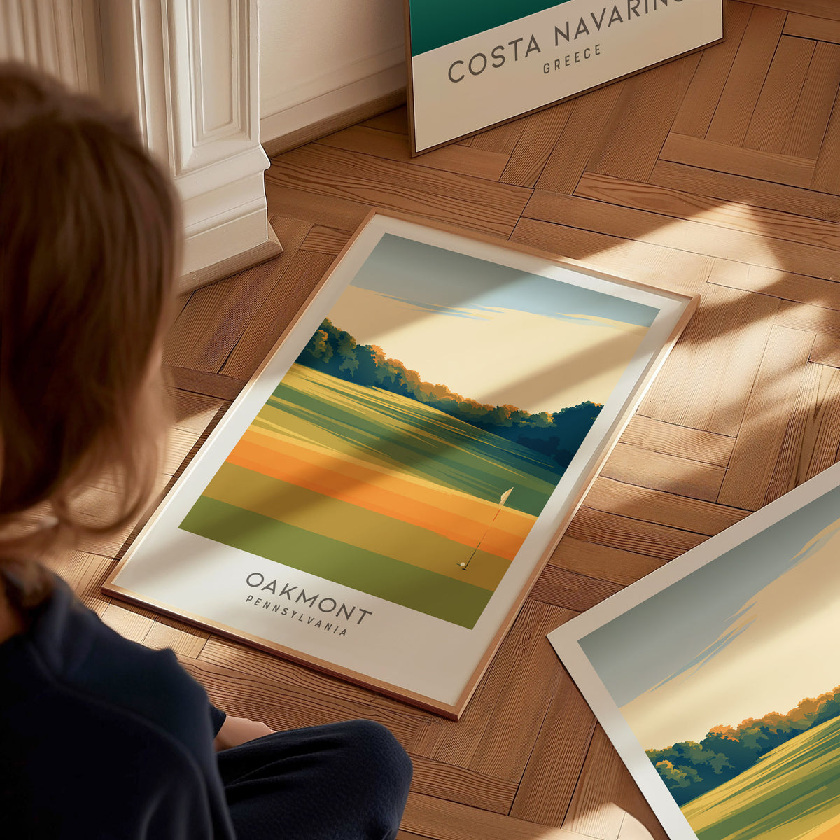 Oakmont Matte Border Poster | Pennsylvania Golf Course Print & Country Club Decor — styled in a modern interior