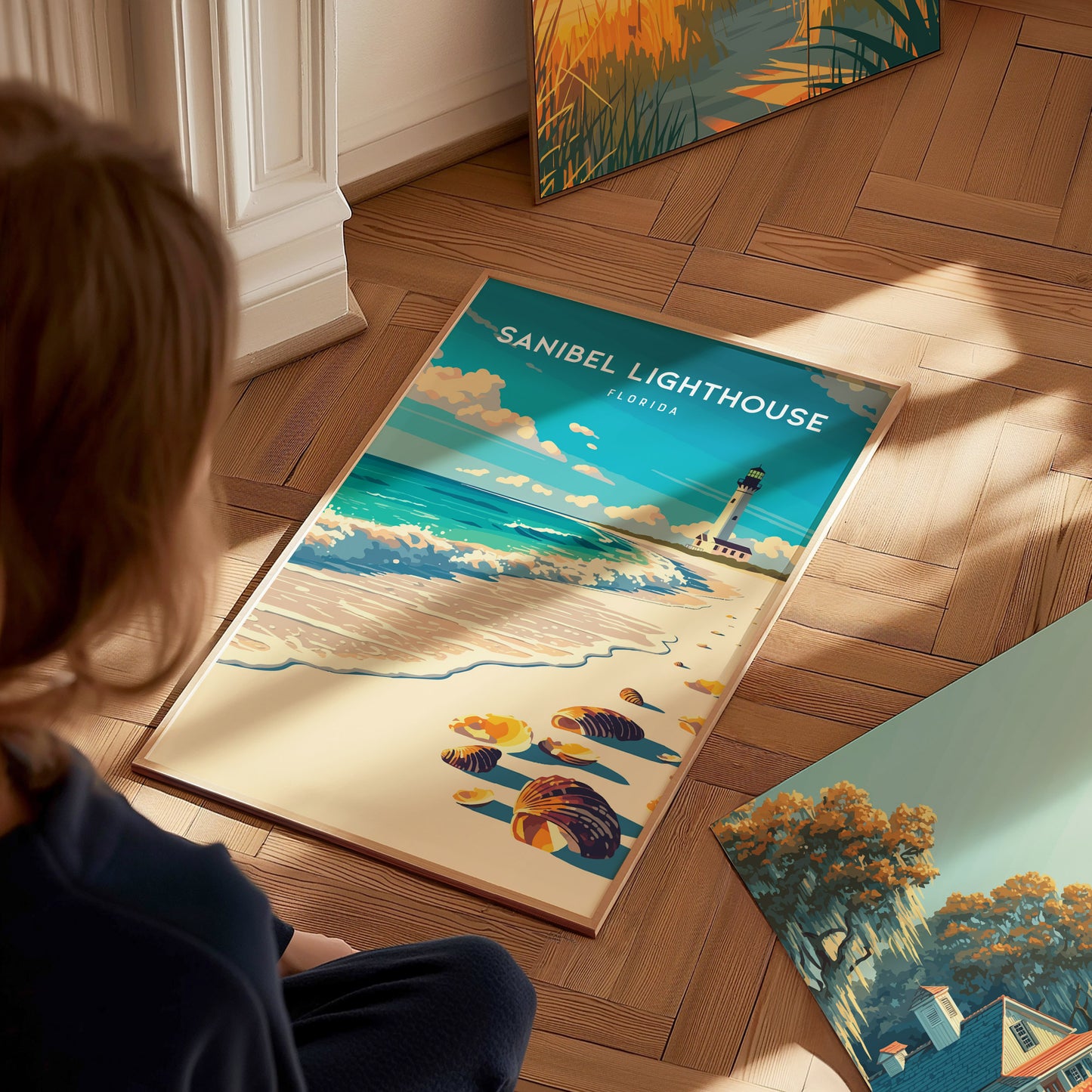 Sanibel Lighthouse, Florida Poster | Gulf Coast Beacon Coastal Decor Wall Art — styled in a modern interior